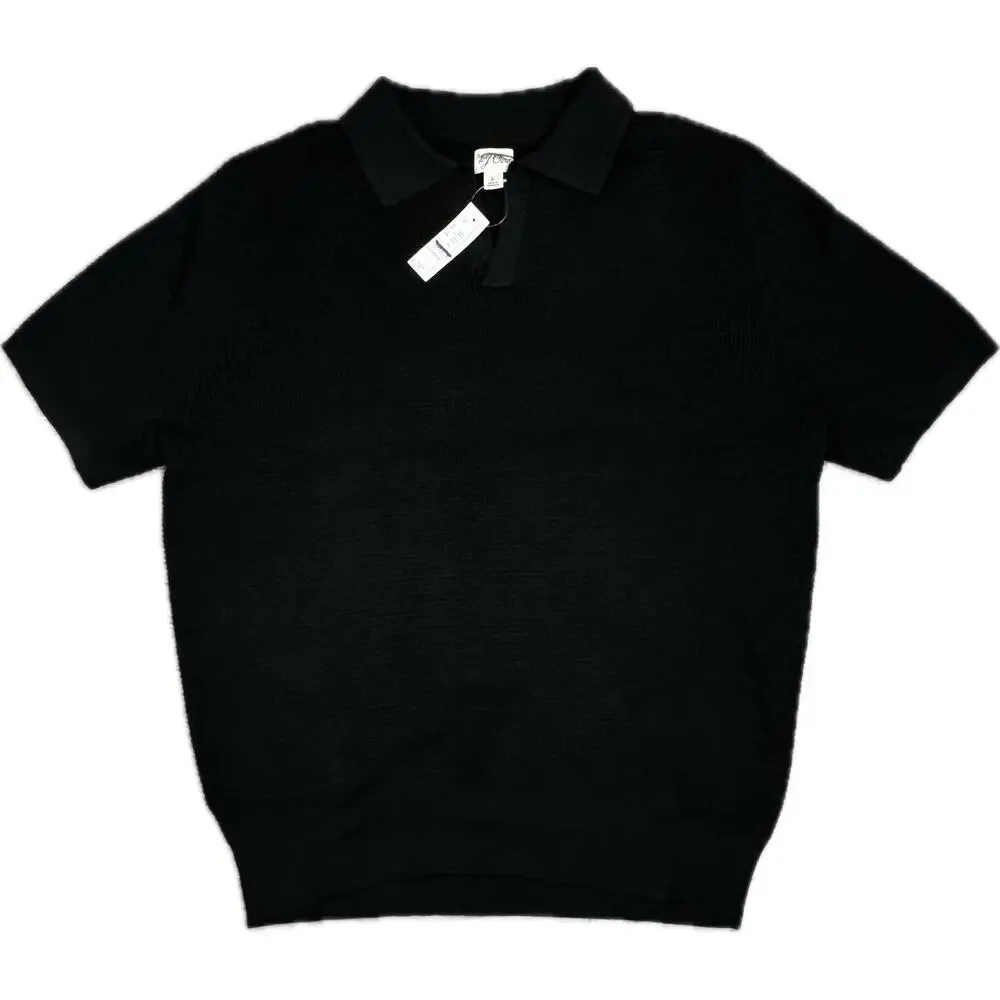 J.Crew Mens Minimalist Cotton Waffle Knit Johnny Collar Sweater Polo Black L